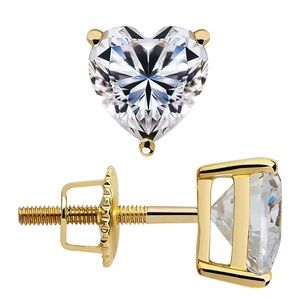 Women's Yellow Gold 925 Sterling Silver Cz Heart Shaped Stud Screw Back Earrings